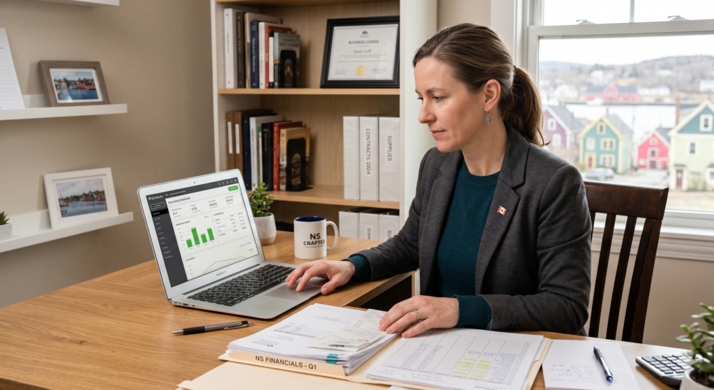 Nova Scotia small business owner reviewing HST filing.